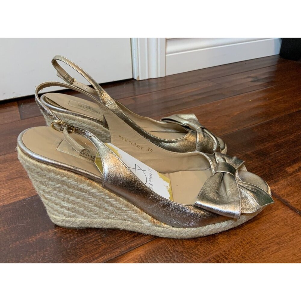Valentino Garavani Silver Leather Bow Espadrilles Wedge Heels, Size 9 | 39 - Picture 1 of 7